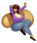 2024 anthro big_breasts big_tail blazbaros blue_eyes bottomwear breasts brown_hair cleavage clothed clothing female footwear fur hair hi_res huge_breasts looking_at_viewer mammal one_eye_closed pants rodent sciurid solo stretching tail tan_body tan_fur thick_thighs tree_squirrel wide_hips