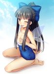  1girl ;) ;p bangs bare_arms bare_legs bare_shoulders barefoot black_hair blue_bow blue_sky blue_swimsuit blunt_bangs blush bow breasts brown_eyes chima_q cloud collarbone commentary_request covered_navel covering covering_breasts day eyebrows_visible_through_hair fairy_wings gradient gradient_background hair_bow highres long_hair long_ponytail looking_at_viewer one-piece_swimsuit one_eye_closed outdoors ponytail seiza sidelocks sitting sky small_breasts smile solo star_sapphire swimsuit thighs tongue tongue_out touhou white_background wings 