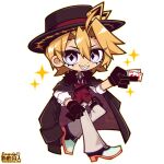  1boy ahoge artist_name black_cape black_footwear black_gloves black_headwear blonde_hair bow cape card chibi collared_shirt commission funamusea_(artist) fur-trimmed_cape fur_trim gloves gold_bow grey_pants hat hat_bow holding holding_card original outline pants pink_eyes playing_card queen_(playing_card) queen_of_hearts_(playing_card) red_vest sharp_teeth shirt simple_background smile sparkle symbol-shaped_pupils teeth vest web_address white_background white_shirt yellow_outline 