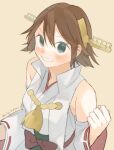  1girl brown_hair clenched_hand detached_sleeves flipped_hair grin headgear hiei_(kancolle) kantai_collection nontraditional_miko orange_background popped_collar ribbon-trimmed_sleeves ribbon_trim short_hair simple_background smile solo suppaman_(rfjy) twitter_username upper_body 