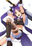  1girl absurdres aki_makoto animal_ears arms_up artist_name black_legwear blush breasts brown_eyes eyebrows_visible_through_hair fang highres holding holding_sword holding_weapon kneehighs large_breasts long_hair looking_at_viewer open_mouth princess_connect!_re:dive purple_hair sharval solo sword tail twitter_username upper_teeth weapon wolf_ears wolf_tail 