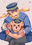  2boys animal_ears bear_boy bear_ears birthday blush boots brown_fur crossed_ankles flower_(symbol) furrification furry furry_male golden_kamuy happy katou380 male_focus multiple_boys scar scar_on_cheek scar_on_face scar_on_nose short_hair sitting sitting_on_lap sitting_on_person sugimoto_saichi 