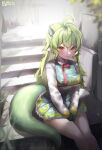  1girl :3 absurdres ahoge bare_legs between_legs blush breasts closed_mouth commission dragon_girl dragon_horns dragon_tail dress frilled_dress frills garam_(ryeoubi) green_dress green_horns green_tail hair_between_eyes hand_between_legs highres horns large_breasts light_smile long_hair long_sleeves looking_at_viewer multicolored_clothes multicolored_dress original pointy_ears red_eyes red_ribbon ribbon sitting small_horns solo stairs stone_stairs sukiyaki_kinoko tail white_dress 