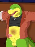 2024 alligator alligatorid anthro balls biped bodily_fluids brok_(brok_the_investigator) brok_the_investigator clothing crocodilian erection genital_fluids genitals green_body hi_res male open_mouth penis precum reptile scalie shirt solo sweat thqr37 tongue tongue_out topwear