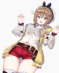  1girl :o atelier_(series) atelier_ryza belt beret blush breasts brown_eyes brown_hair cowboy_shot frown hair_ornament hairclip hands_up hat highres large_breasts long_sleeves midriff_peek open_mouth red_shorts reisalin_stout shirt short_hair short_shorts shorts sidelocks skindentation solo thigh_gap thighhighs thighs vest white_headwear white_shirt xenonstriker yellow_vest 