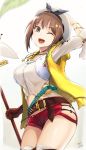  1girl ;d arm_behind_head arm_up artist_name atelier_(series) atelier_ryza belt beret black_panties blurry bracelet breasts brown_eyes brown_gloves brown_hair collarbone cowboy_shot cross eyebrows_visible_through_hair flask gloves hair_ornament hairclip hat highres hip_vent holding holding_staff hood hood_down hooded_vest jewelry leaf looking_at_viewer medium_breasts midriff necklace one_eye_closed open_mouth panties pendant red_shorts reisalin_stout shirt short_hair short_shorts shorts smile solo staff standing star tea_(nakenashi) test_tube thighhighs thighs underwear vest white_background white_headwear white_shirt yellow_vest 