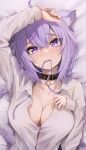  1girl absurdres animal_ears blush breasts cat_ears cleavage collarbone highres hololive large_breasts mouth_hold nekomata_okayu nekomata_okayu_(oversized_shirt) official_alternate_costume partially_unbuttoned purple_eyes purple_hair ribbon ribbon_in_mouth samu_(sam_deg369) shirt solo upper_body virtual_youtuber white_shirt 