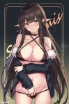  1girl artist_name ass_visible_through_thighs bare_shoulders bikini black_bikini black_choker black_jacket blush breasts brown_eyes brown_hair cenangam character_name choker cleavage collarbone cowboy_shot criss-cross_halter cursive fate/grand_order fate_(series) frown fur_trim groin halterneck jacket large_breasts long_hair long_sleeves looking_at_viewer navel off_shoulder open_clothes open_jacket pointy_ears semiramis_(fate) sidelocks solo sparkle standing stomach swimsuit very_long_hair wet 