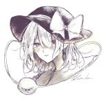  1girl annin_cha blush bow hat hat_bow highres komeiji_koishi looking_at_viewer short_hair simple_background sketch solo third_eye touhou traditional_media twitter_username upper_body 