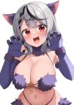  1girl 9696k absurdres animal_ears bikini black_hair braid breasts claw_pose cleavage cosplay elbow_gloves fake_animal_ears fang fate/grand_order fate_(series) fur-trimmed_bikini fur-trimmed_gloves fur_trim gloves grey_hair hair_ornament hairpin highres hololive large_breasts long_hair looking_at_viewer mash_kyrielight mash_kyrielight_(cosplay) mash_kyrielight_(dangerous_beast) mash_kyrielight_(dangerous_beast)_(cosplay) midriff multicolored_hair navel o-ring o-ring_bikini o-ring_top open_mouth purple_bikini purple_gloves red_eyes revealing_clothes sakamata_chloe simple_background single_braid solo streaked_hair swimsuit virtual_youtuber white_background wolf_ears x_hair_ornament 