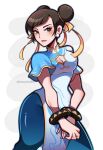  blue_pantyhose breasts brown_eyes brown_hair china_dress chinese_clothes chun-li cleavage cleavage_cutout clothing_cutout double_bun dress earrings hair_bun jewelry large_breasts lips pantyhose pearl_earrings pelvic_curtain street_fighter street_fighter_6 studded_bracelet thick_thighs thighs touyarokii 