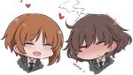  2girls akiyama_yukari alternate_costume black_necktie blush brown_hair chibi closed_eyes closed_mouth earrings full-face_blush girls_und_panzer hazuki_haru heart jewelry multiple_girls necktie nishizumi_miho open_mouth short_hair simple_background smile stud_earrings white_background 