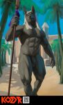 abs anthro anubis balls biceps black_body black_fur canid canine clothing day deity detailed_background egyptian egyptian_clothing egyptian_mythology flaccid foreskin fur genitals hat headgear headwear hi_res humanoid_genitalia humanoid_penis kodr looking_at_viewer male mammal melee_weapon middle_eastern_mythology mostly_nude muscular muscular_male mythology outside pecs penis plant polearm sand solo spear sun temple tree weapon