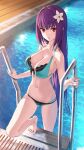  1girl bare_shoulders barefoot bikini black_bikini breasts cleavage collarbone fate/grand_order fate_(series) flower green_bikini hair_between_eyes hair_flower hair_ornament highres kamo_ashi large_breasts long_hair long_sleeves looking_at_viewer navel open_clothes open_mouth open_shirt pool pool_ladder poolside purple_hair red_eyes scathach_(fate) scathach_skadi_(fate) scathach_skadi_(swimsuit_ruler)_(fate) scathach_skadi_(swimsuit_ruler)_(final_ascension)_(fate) see-through solo swimsuit thighs two-tone_bikini water 