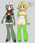  2girls :3 batrobin_k black_eyes blush boots breasts character_request closed_mouth collarbone dark_keroro elbow_gloves expressionless flying_sweatdrops gloves green_footwear green_gloves highres kemono_friends keroro keroro_(kemono_friends) keroro_gunsou korean_text large_breasts looking_at_viewer multiple_girls open_mouth panties personification short_hair smile tank_top thigh_boots translation_request underwear white_panties 