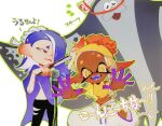  1boy 2girls absurdres big_man_(splatoon) black_leggings blonde_hair blue_hair blue_shawl chest_sarashi creamyghost crop_top dark-skinned_female dark_skin earrings fangs frye_(splatoon) green_outline hachimaki hair_ornament hair_over_one_eye hair_tie hand_fan headband highres holding holding_fan inkling jewelry leggings long_hair microphone microphone_stand midriff multiple_girls nejiri_hachimaki octoling open_mouth outline pointy_ears red_eyes sarashi see-through_shawl shawl shirt shiver_(splatoon) splatoon_(series) splatoon_3 star-shaped_pupils star_(symbol) symbol-shaped_pupils tentacle_hair tooth_earrings torn_clothes torn_leggings translation_request waving x_hair_ornament yellow_eyes yellow_shawl yellow_shirt 