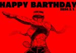 1boy arm_up birthday clenched_hand cowboy_shot dated frown golden_kamuy happy_birthday hat highres kepi krps_kyapi looking_at_viewer male_focus military_hat monochrome multiple_scars muscular muscular_male outstretched_arm red_theme scar scar_on_cheek scar_on_face scar_on_nose serious short_hair solo sugimoto_saichi topless_male 