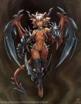  1girl ahoge barefoot blade blonde_hair breasts dark_skin demon_girl demon_horns demon_tail demon_wings full_body_tattoo gauntlets horns looking_at_viewer maxa&#039; navel original pointy_ears purple_eyes revealing_clothes short_hair small_breasts spikes spines succubus tail tattoo thighhighs wings 