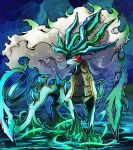  alternate_color alternate_eye_color aura claws corruption dark_persona facial_tattoo fierce_deity highres horns long_hair looking_to_the_side no_pupils pokemon pokemon_(creature) pokemon_gsc possessed standing standing_on_liquid stoic_seraphim suicune tattoo the_legend_of_zelda the_legend_of_zelda:_majora&#039;s_mask water white_eyes white_hair 