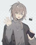  1boy :d ahoge black_jacket brown_hair buttons cat cat_ear_smartphone_case cellphone eyes_visible_through_hair grey_background grey_eyes grey_sweater hand_up holding holding_phone jacket kanae_(nijisanji) long_sleeves looking_at_viewer male_focus medium_hair mole mole_under_eye nijisanji notice_lines open_mouth phone polka_dot polka_dot_background sleeves_past_wrists smartphone smartphone_case smile solo sweater turtleneck turtleneck_sweater upper_body waving wmikawa 