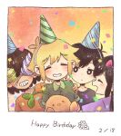  1girl 3boys aubrey_(faraway)_(omori) aubrey_(omori) basil_(faraway)_(omori) basil_(omori) black_hair black_shirt blonde_hair bow brown_hair closed_mouth confetti dark-skinned_male dark_skin dated expressionless green_shirt grin hair_bow happy_birthday hat kel_(faraway)_(omori) kel_(omori) long_hair multiple_boys omori orange_shirt party_hat pink_bow purple_shirt shirt short_sleeves smile sprout_mole sun_iiinu sunny_(omori) teeth 