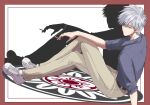  1boy akagi:_yami_ni_oritatta_tensai akagi_shigeru belt black_belt border brown_pants cigarette closed_mouth collared_shirt commentary_request crossed_legs expressionless fugusashi_(fgss2089) fukumoto_mahjong full_body grey_hair grey_shirt highres holding holding_cigarette looking_at_viewer mahjong_tile male_focus medium_bangs outside_border pants red_border red_eyes shadow shirt shoes short_hair sitting smoke smoking sneakers solo white_footwear 