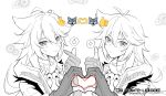  2boys ahoge bone_necklace emoji genshin_impact gloves heart heart_hands kamachilico long_hair male_focus monochrome multiple_boys razor_(genshin_impact) scar scar_on_face sparkle upper_body white_hair 