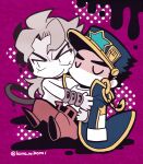  2boys black_hair blue_coat blue_headwear bracelet brown_pants chain chibi chibi_only closed_eyes coat dio_brando full_body hug jewelry jojo_no_kimyou_na_bouken kotorai kujo_jotaro long_hair male_focus multiple_boys no_mouth no_nose pants purple_background shirt smile topless_male twitter_username u_u v-shaped_eyebrows white_shirt yaoi 