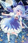 1girl black_footwear blue_dress blue_eyes blue_hair blurry blurry_background bow cirno commentary_request detached_wings dress full_body full_moon hair_bow highres ice ice_wings looking_at_viewer moon rouge_(my_rouge) short_hair socks solo touhou white_socks wings 