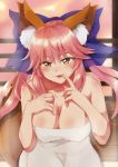  1girl absurdres animal_ear_fluff animal_ears blue_ribbon blush breasts cleavage collarbone fate/extra fate/grand_order fate_(series) finger_to_mouth fox_ears fox_girl fox_tail hair_ribbon heart heart-shaped_pupils highres large_breasts lips looking_at_viewer omochi_(k-on1991) open_mouth pink_hair ribbon solo symbol-shaped_pupils tail tamamo_(fate)_(all) tamamo_no_mae_(fate) yellow_eyes 