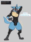 animal_humanoid anthro blue_body blue_fur blush bulge canid canid_humanoid clothing daegon_(artist) dialogue embarrassed fishnet full_body_view fur generation_4_pokemon hand_behind_head heart_symbol hi_res humanoid latex latex_clothing looking_down lucario male mammal mammal_humanoid nintendo pink_eyes pokemon pokemon_(species) raised_arm solo solo_focus tail tan_body tan_fur zipper