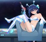  1girl antennae bandaid bandaid_on_cheek bandaid_on_face bikini blue_bikini blue_gloves blue_hair blue_hairband blue_pantyhose blue_shorts breasts bright_pupils chair cleavage crossed_bandaids crossed_legs earrings galaxy_background gloves gun hair_ornament hairband hand_on_chair handgun highres holding holding_weapon jewelry ji-yoon_(jourd4n) jourd4n looking_to_the_side multicolored_bikini multicolored_clothes multicolored_gloves multicolored_pantyhose multicolored_shorts original pantyhose pink_bikini pink_gloves pink_pantyhose pink_shorts red_eyes short_twintails shorts sitting skull_hair_ornament small_breasts smile smug solo space spacecraft star_(sky) swimsuit twintails weapon white_pupils 