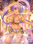  1girl arm_up armpits belly_chain breasts dai_seisen!_valkyrie_saga dancer dark_skin earrings jewelry large_breasts long_hair navel necklace official_art original ponytail purple_hair red_eyes revealing_clothes smile solo suzuame_yatsumi very_long_hair 