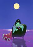  1girl absurdres armchair black_eyes black_hair blunt_bangs chair closed_mouth dress floral_print frilled_dress frills full_body full_moon highres hime_cut holding holding_stick horizon houraisan_kaguya long_hair long_sleeves looking_at_viewer moon orb outdoors pink_dress purple_background purple_sky reflection reflective_water s_u_d sitting sky solo stick touhou water wide_sleeves 