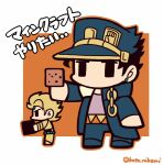  2boys black_coat black_eyes black_hair black_headwear black_pants block_(minecraft) blonde_hair chain chibi chibi_only coat dio_brando earrings full_body holding_block jacket jewelry jojo_no_kimyou_na_bouken kotorai kujo_jotaro long_sleeves male_focus minecraft multiple_boys no_mouth no_nose orange_outline pants purple_shirt shirt short_hair standing translation_request twitter_username yellow_jacket 