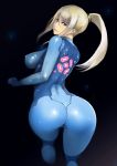  1girl ass blonde_hair blue_bodysuit blue_eyes bodysuit breasts cameltoe commentary_request covered_nipples from_behind hair_between_eyes highres impossible_bodysuit impossible_clothes johan_(johan13) kneepits large_breasts lips long_hair looking_back metroid ponytail samus_aran shiny shiny_clothes sidelocks skin_tight solo zero_suit 