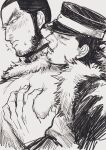  2boys bara beard_stubble blush buzz_cut derivative_work facial_hair from_side golden_kamuy grabbing grabbing_from_behind greyscale groping half-closed_eyes highres large_pectorals male_focus mature_male monochrome multiple_boys muscular muscular_male parted_lips pectoral_grab pectorals profile scar scar_on_cheek scar_on_face scar_on_nose screencap_redraw short_hair stubble sugimoto_saichi tanigaki_genjirou thick_eyebrows upper_body very_short_hair yaoi zazuzamushi 