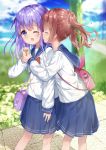  2girls backpack bag bangs blue_sailor_collar blue_skirt blue_sky blurry blurry_background bow bowtie brown_hair chestnut_mouth closed_eyes cloud cloudy_sky day depth_of_field eyebrows_visible_through_hair hair_between_eyes hair_ribbon highres long_hair long_sleeves multiple_girls one_eye_closed open_mouth original outdoors pleated_skirt purple_eyes purple_hair red_neckwear ribbon sailor_collar shiraki_shiori shirt shoulder_bag skirt sky tongue tongue_out twintails white_ribbon white_shirt wrist_grab yuri 