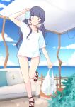  1boy absurdres blue_sky bulge can commentary_request couch crossdressing day highres holding holding_can koushisong leg_up long_hair male_focus ocean original otoko_no_ko outdoors sandals shirt sky smile solo standing swimsuit twintails water white_shirt 