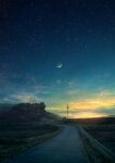  cloud commentary_request crescent_moon evening fence guard_rail highres landscape mks moon no_humans original outdoors power_lines road scenery sky star_(sky) starry_sky sunset tree utility_pole vanishing_point 