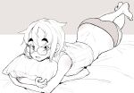  1girl absurdres ass bare_shoulders barefoot bed_sheet butt_crack cropped_shirt full_body greyscale highres hugging_object koeru_otoge-san lying monochrome neyuki_rei on_stomach otouge_azuki panties pillow pillow_hug polka_dot polka_dot_panties round_eyewear short_hair sketch solo the_pose thick_eyebrows twitter_username underwear 