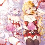  2girls animal_ear_fluff animal_ears arm_up armpits artist_request bare_shoulders bed_sheet black_choker black_thighhighs blonde_hair bouquet bra breasts choker cleavage closed_mouth collarbone commission cream_(cream) crown_hair_ornament flower fox_ears frilled_bra frilled_panties frills garter_belt hair_flower hair_ornament hair_spread_out highres holding holding_bouquet jewelry lace-trimmed_bra lace_trim large_breasts lingerie long_hair looking_at_viewer lying medium_breasts multiple_girls necklace on_back on_bed open_mouth original panties petals pink_flower red_bra red_panties rose scrunchie second-party_source smile thighhighs underwear underwear_only very_long_hair wavy_hair white_bra white_choker white_hair white_panties white_thighhighs wrist_scrunchie 