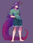  +++ 1girl barefoot belt brown_belt green_shirt green_shorts hand_under_clothes hand_under_shirt highres horns long_hair long_tail making-of_available otaeriaaoba pointy_ears puff_of_air purple_hair purple_horns purple_tail red_eyes shirt shorts simple_background single_horn smile solo standing tail tenkajin_chiyari touhou watermark 