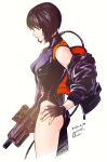  1girl cable cyborg fingerless_gloves ghost_in_the_shell ghost_in_the_shell:_sac_2045 gloves gun highleg highleg_leotard highres kusanagi_motoko leotard looking_to_the_side machine_gun purple_hair short_hair solo standing ueda_hiroshi weapon white_background 