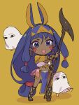  1girl :o animal_ears chibi dark-skinned_female dark_skin earrings egyptian_clothes facial_mark fake_animal_ears fate/grand_order fate_(series) gladiator_sandals hairband holding holding_staff holding_weapon hoop_earrings isshoku_(shiki) jackal_ears jewelry looking_at_viewer medjed_(fate) mini_person nitocris_(fate) pelvic_curtain purple_eyes sandals simple_background staff teeth upper_teeth_only weapon yellow_background yellow_hairband 