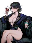  1girl absurdres blue_dress breasts cleavage crossed_legs cup dress earrings fingernails highres holding holding_cup jewelry looking_at_viewer multicolored_eyes multicolored_hair on_chair original short_hair side_slit sitting white_background yin_yang zeon_(zzeeonn) 
