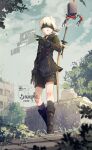  1boy 9s_(nier:automata) bishounen black_blindfold black_gloves blindfold boots full_body gloves male_focus mo_mo_zi nier:automata nier_(series) open_mouth outdoors pod_(nier:automata) short_hair shorts solo sword thighs tree weapon white_hair 