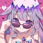  1girl bracelet chest_jewel grey_hair highres hololive hololive_english jewelry koseki_bijou koseki_bijou_(1st_costume) long_hair looking_over_eyewear mimo_(mimo_illust) purple_background purple_eyes purple_nails smile sunglasses virtual_youtuber 