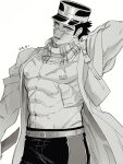  1boy abs bara cowboy_shot golden_kamuy greyscale hat head_tilt highres kepi kon_likes_corn large_pectorals looking_at_viewer male_focus military_hat monochrome muscular muscular_male navel nipples pectorals scar scar_on_cheek scar_on_face scar_on_nose short_hair solo standing stomach sugimoto_saichi unamused 