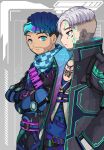  2boys absurdres apex_legends belt black_jacket black_pants blue_belt blue_bodysuit blue_eyes blue_hair blue_scarf blue_shirt bodysuit checkered_clothes checkered_scarf crossed_arms crypto_(apex_legends) facial_hair frown goatee goggles goggles_on_head hand_in_pocket highres jacket kansaibito looking_ahead looking_to_the_side mirage_(apex_legends) multiple_boys pants scarf shirt stubble vest white_hair white_vest 